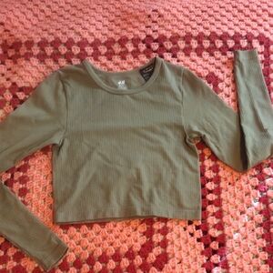 Size XS H&M Olive Green Ribbed Crop Top - Long Sleeve